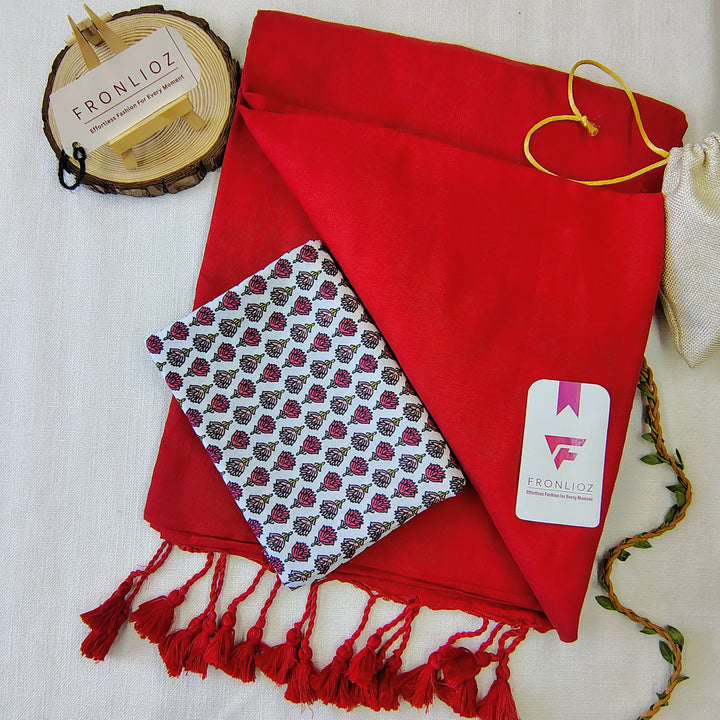 Red Handloom Cotton Saree With Tassels & Printed Blouse-Fronlioz