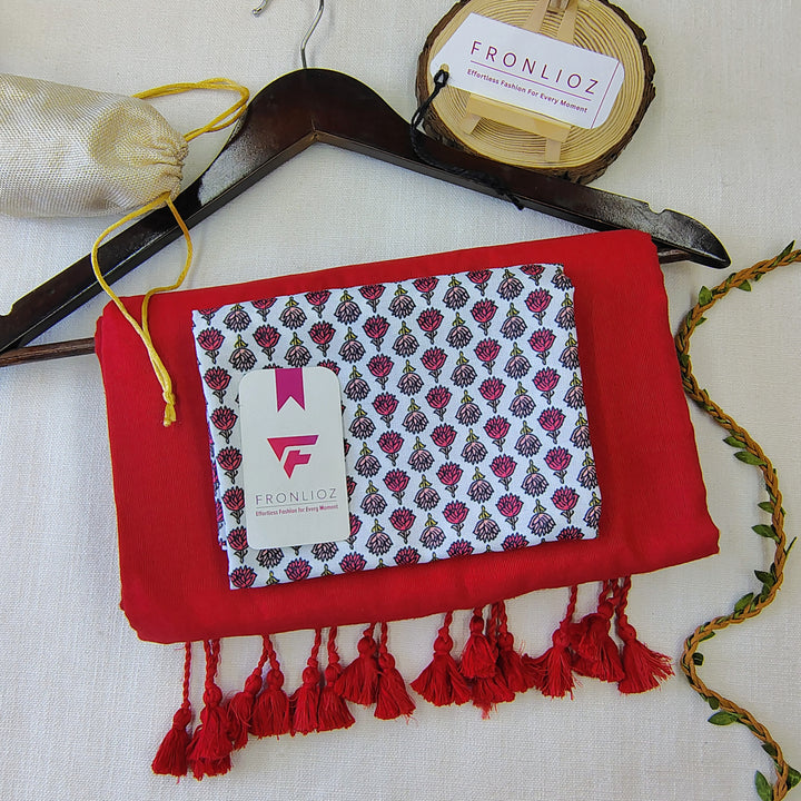 Red Handloom Cotton Saree With Tassels & Printed Blouse-Fronlioz
