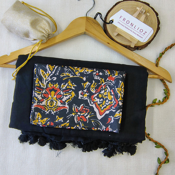 Black Handloom Cotton Saree With Tassels & Printed Blouse-Fronlioz