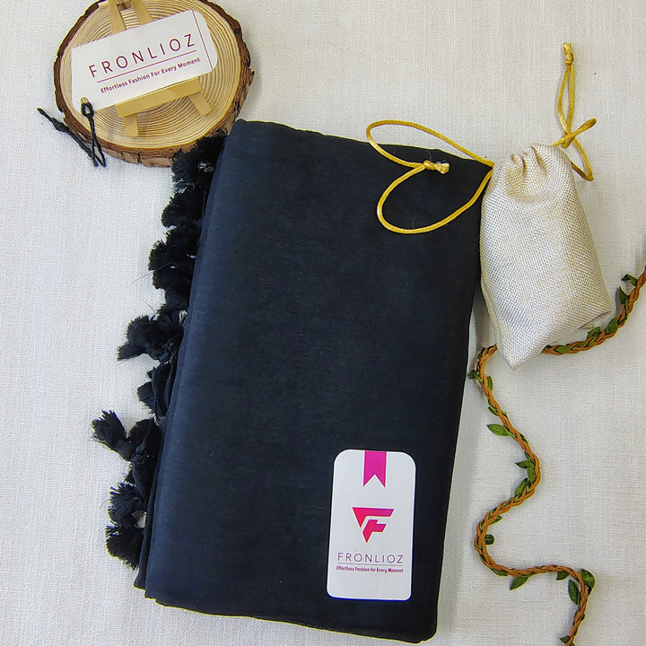 Black Handloom Cotton Saree With Tassels & Printed Blouse-Fronlioz