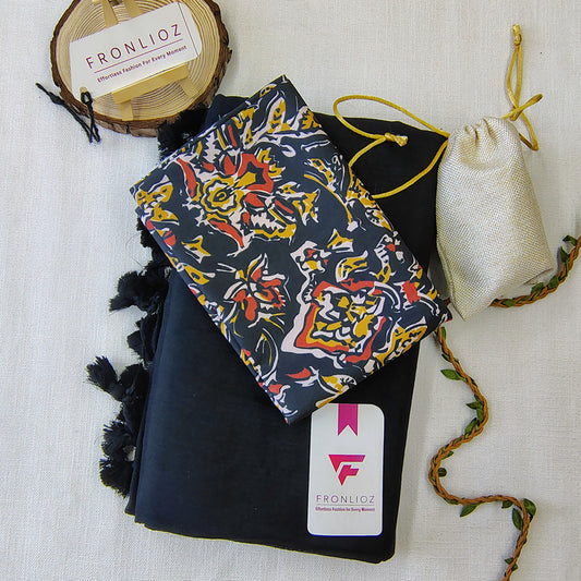 Black Handloom Cotton Saree With Tassels & Printed Blouse-Fronlioz