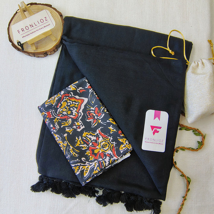 Black Handloom Cotton Saree With Tassels & Printed Blouse-Fronlioz