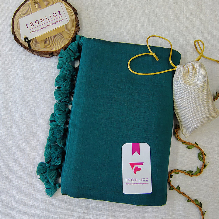 Rama Handloom Cotton Saree With Tassels & Printed Blouse-Fronlioz
