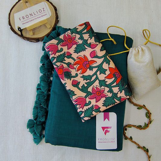 Rama Handloom Cotton Saree With Tassels & Printed Blouse-Fronlioz