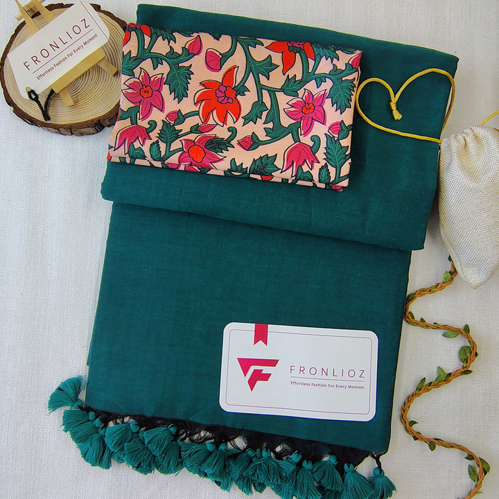 Rama Handloom Cotton Saree With Tassels & Printed Blouse-Fronlioz
