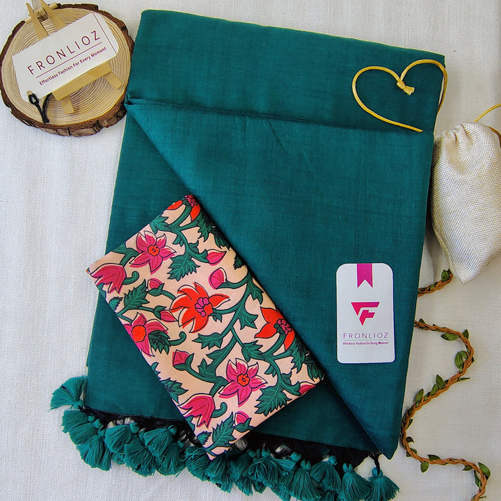 Rama Handloom Cotton Saree With Tassels & Printed Blouse-Fronlioz