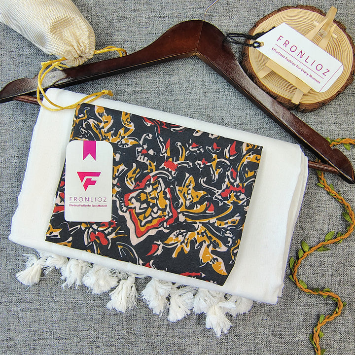 White Handloom Cotton Saree With Tassels & Printed Blouse-Fronlioz