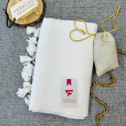 White Handloom Cotton Saree With Tassels & Printed Blouse-Fronlioz