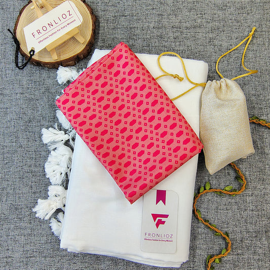 White Handloom Cotton Saree With Tassels & Printed Blouse-Fronlioz