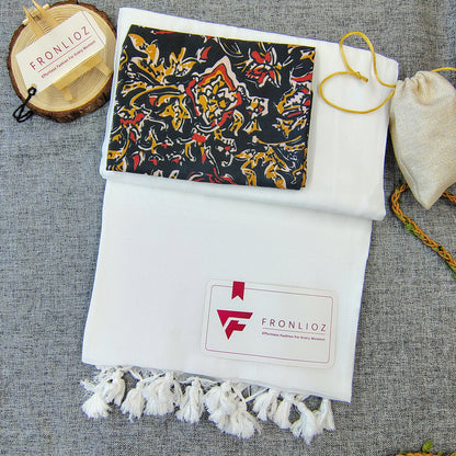 White Handloom Cotton Saree With Tassels & Printed Blouse-Fronlioz