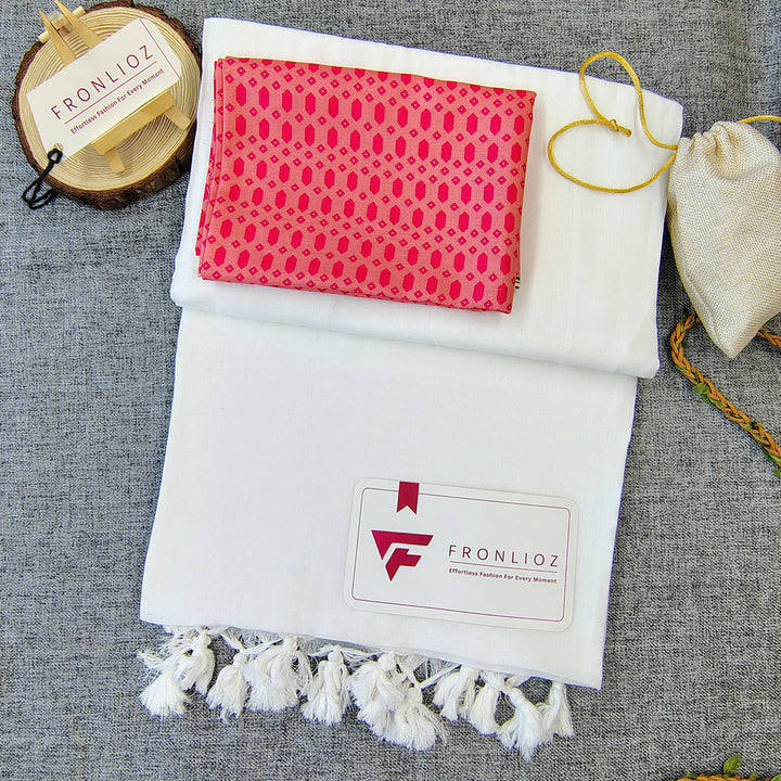 White Handloom Cotton Saree With Tassels & Printed Blouse-Fronlioz