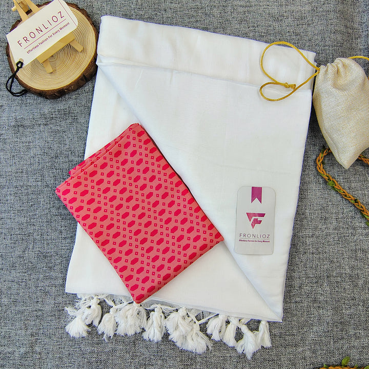 White Handloom Cotton Saree With Tassels & Printed Blouse-Fronlioz