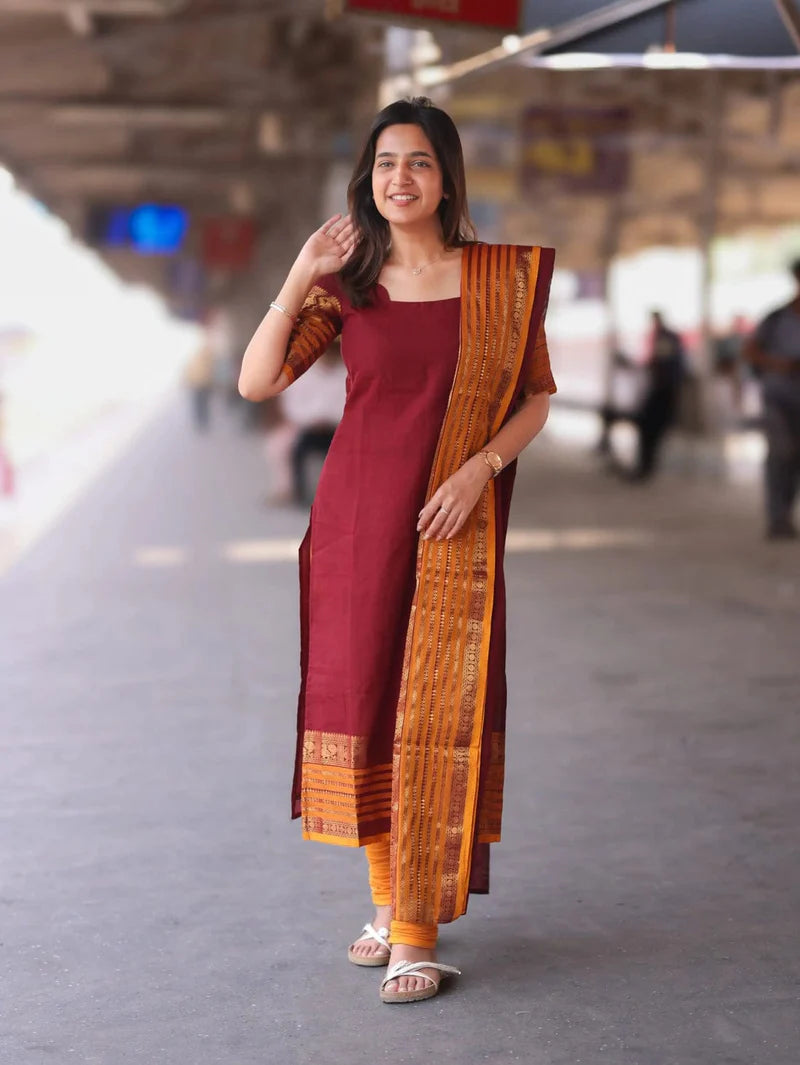 Most Elegant Kanchi Cotton Suit Set With Jaquard Dupatta