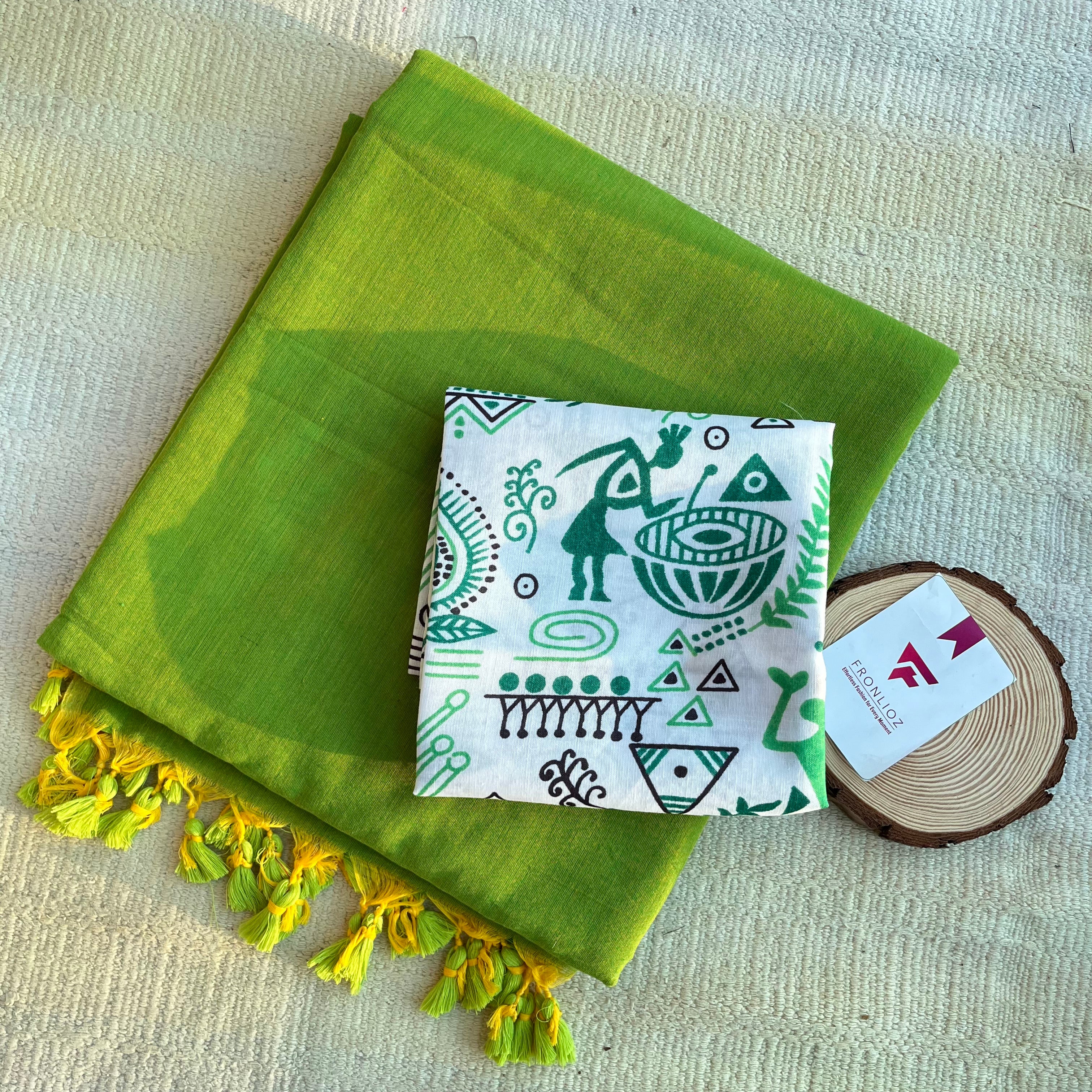 Parrot Khadi Cotton Saree & Designer Blouse