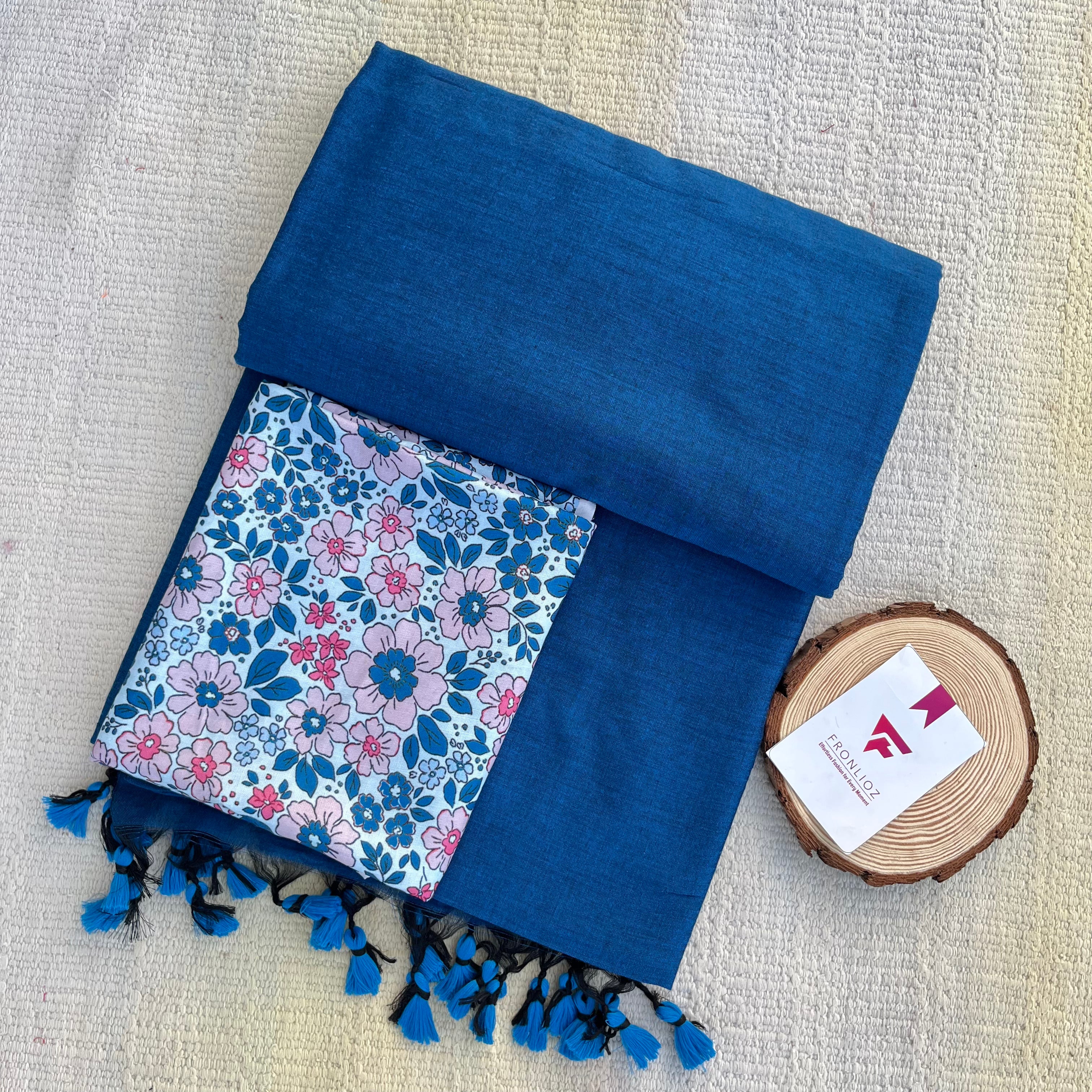 Teal Blue Khadi Cotton Saree & Designer Blouse