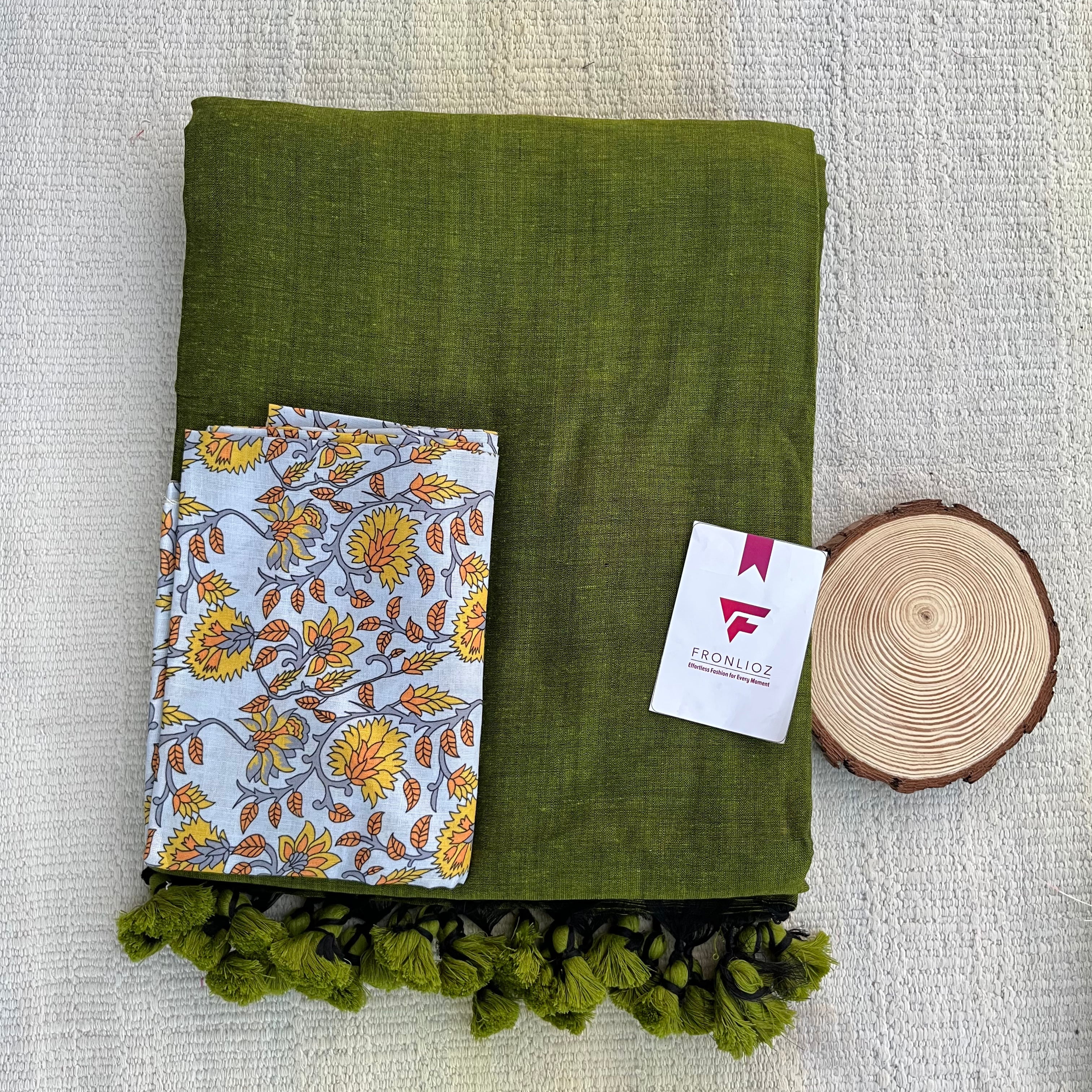 Olive Khadi Cotton Saree & Designer Blouse