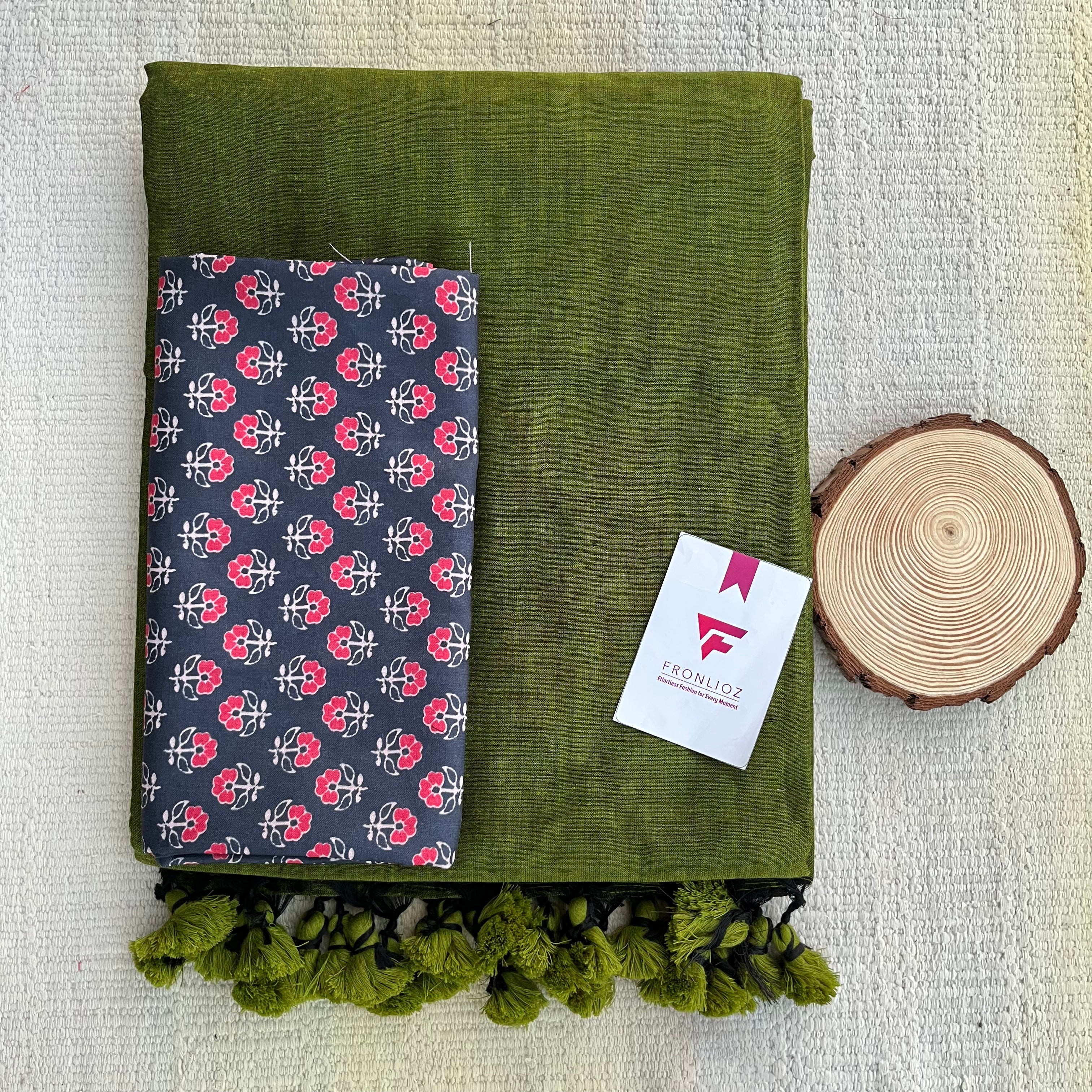 Olive Khadi Cotton Saree & Designer Blouse