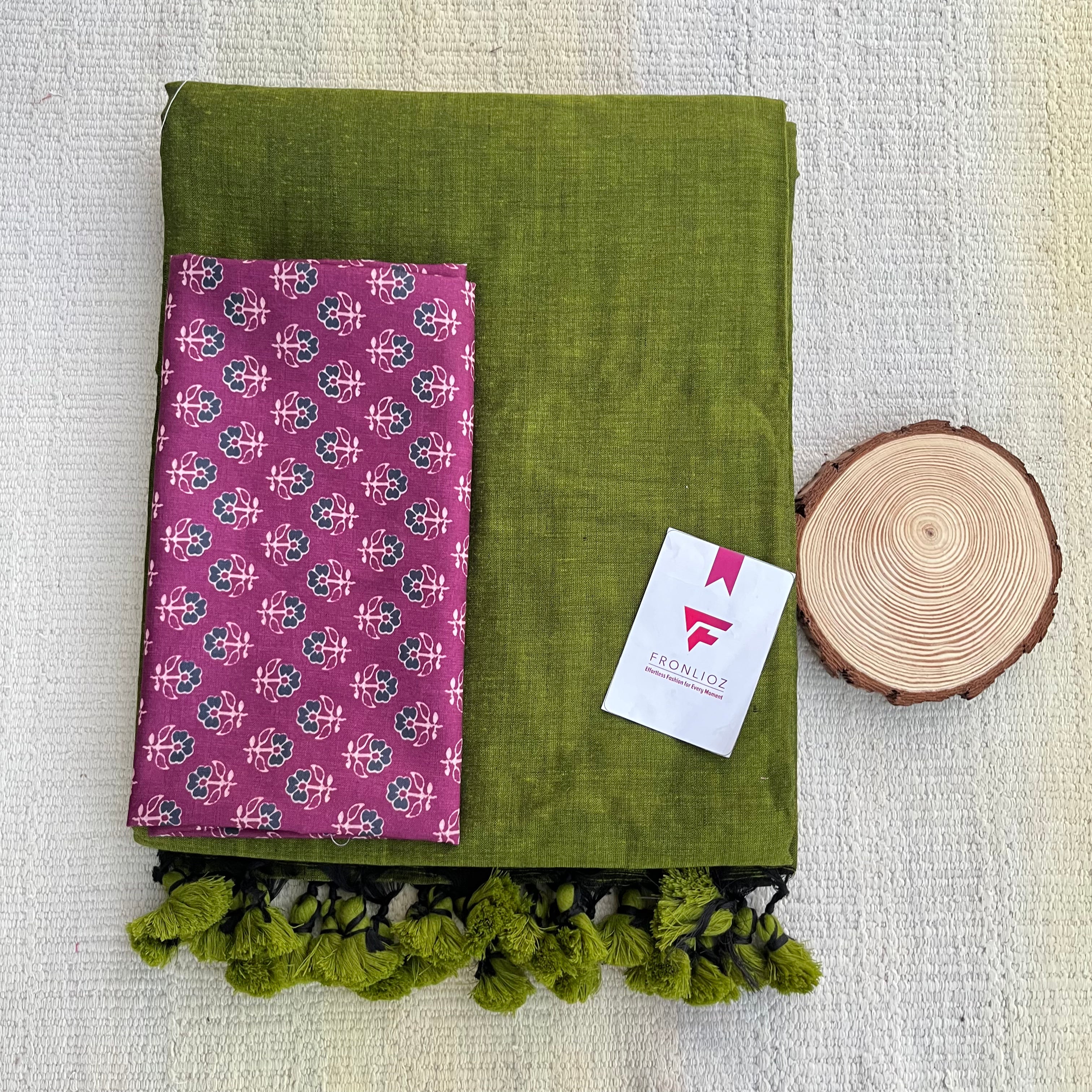 Olive Khadi Cotton Saree & Designer Blouse
