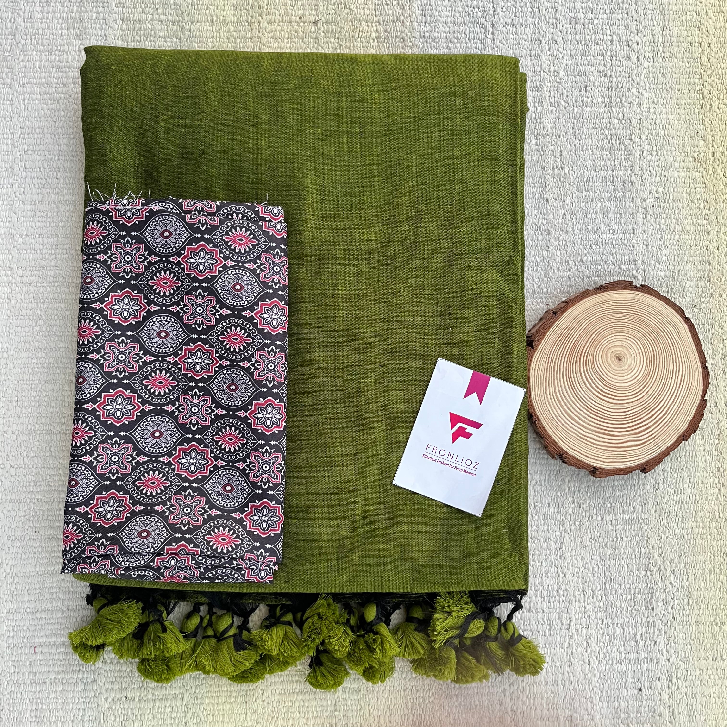 Olive Khadi Cotton Saree & Designer Blouse