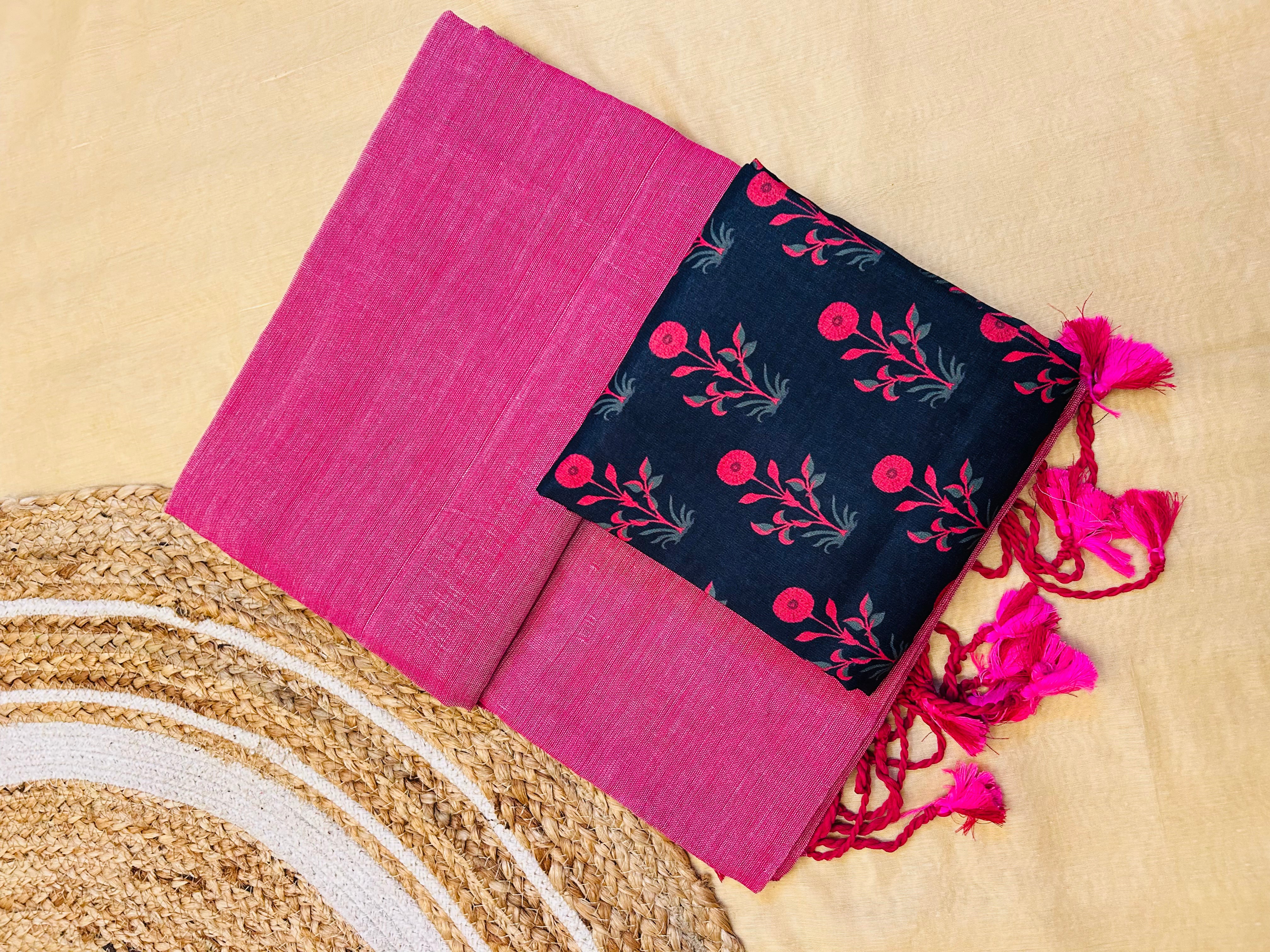 Pink colour traditional looking chanderi cotton saree