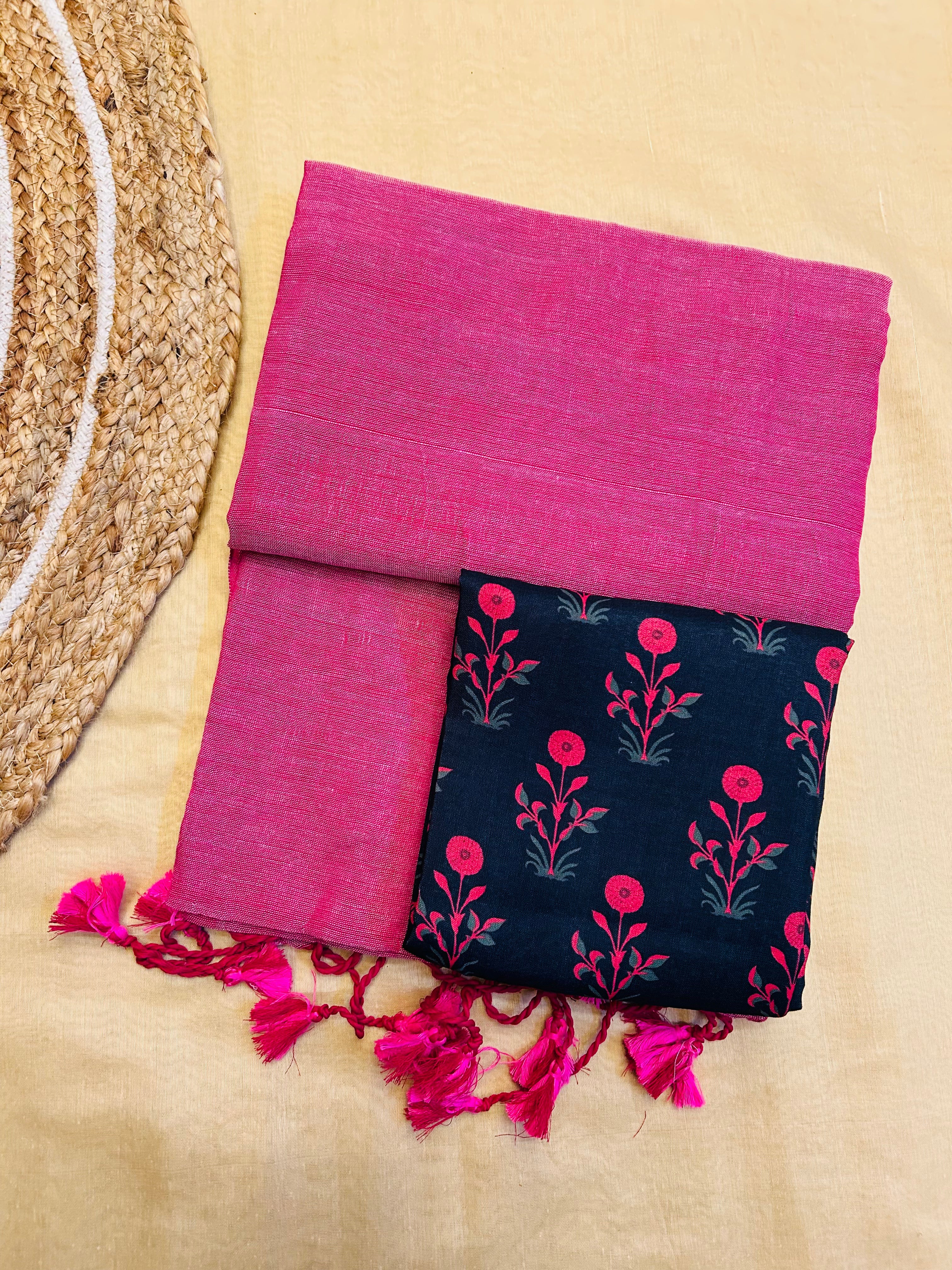 Pink colour traditional looking chanderi cotton saree