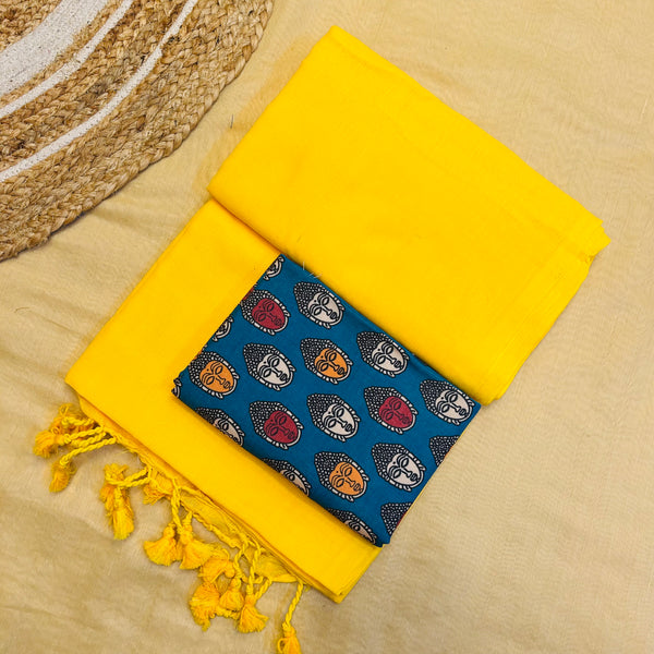 YELLOW HANDLOOM COTTON SAREE WITH PRINTED BLOUSE