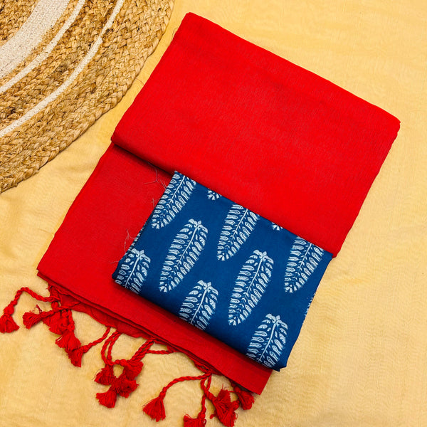 RED HANDLOOM COTTON SAREE WITH PRINTED BLOUSE