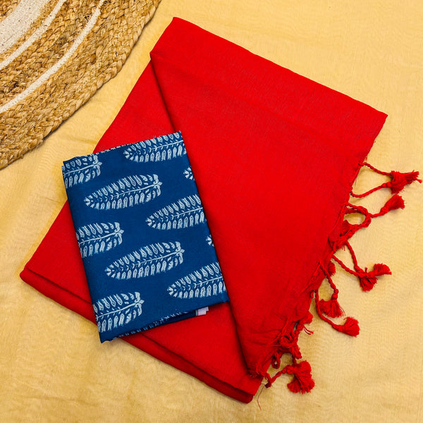 RED HANDLOOM COTTON SAREE WITH PRINTED BLOUSE