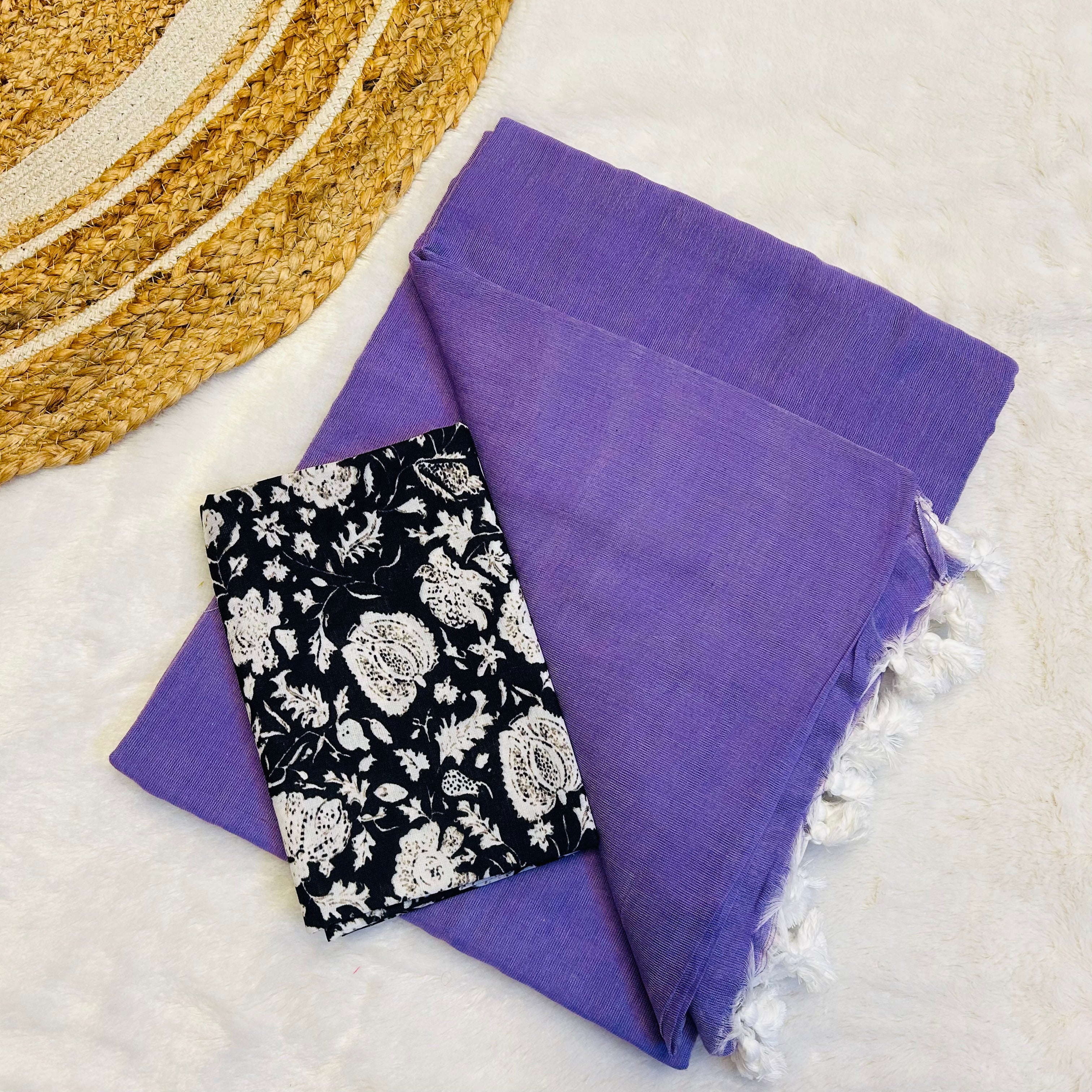 PURPLE  HANDLOOM COTTON SAREE WITH PRINTED BLOUSE