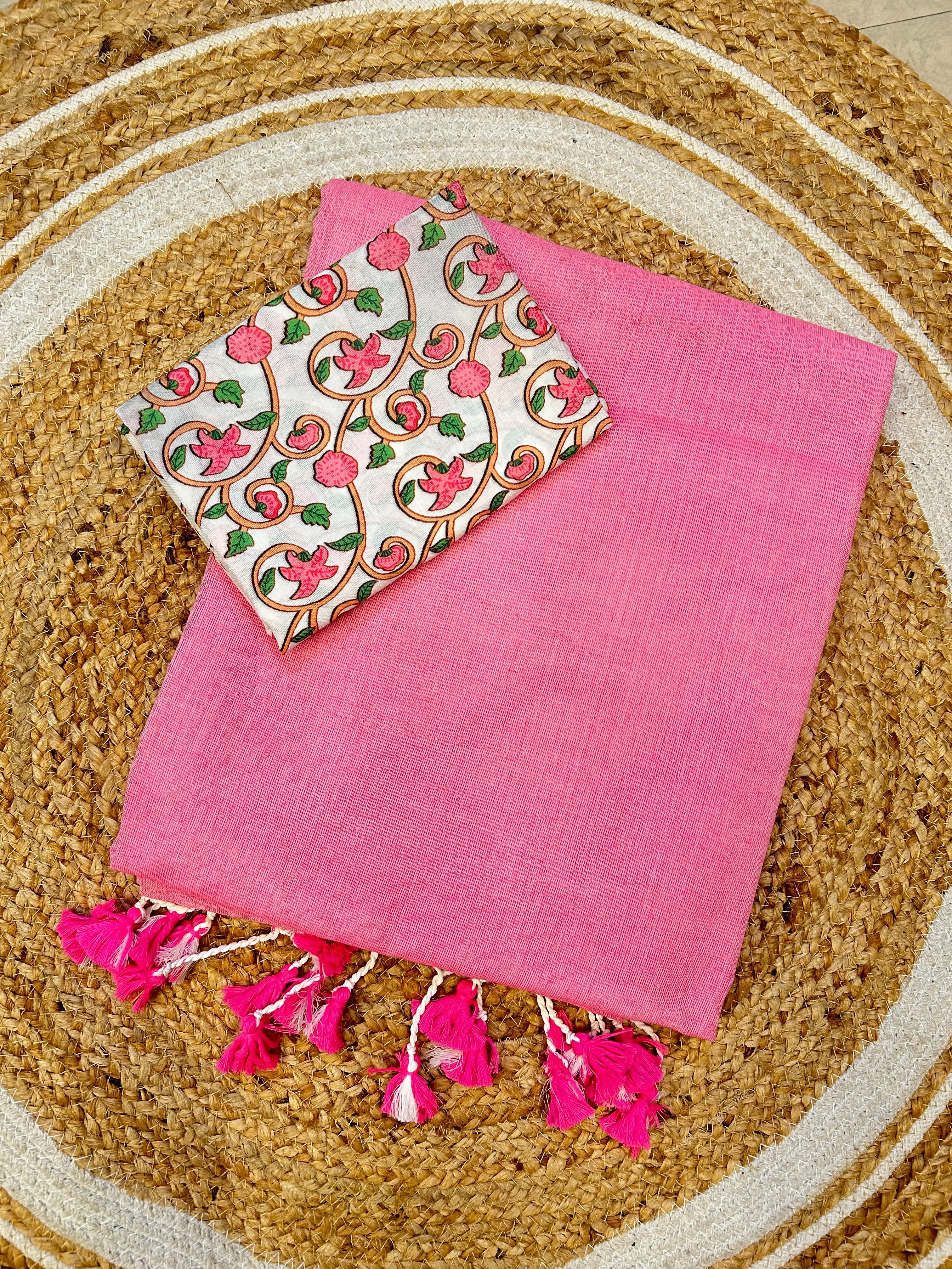 intricate baby pink colour traditional looking chanderi cotton saree