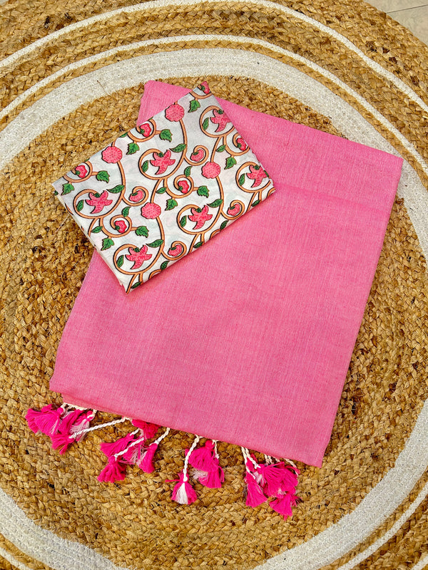 intricate baby pink colour traditional looking chanderi cotton saree