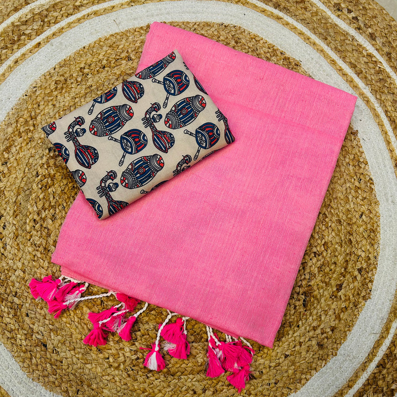 intricate baby pink colour traditional looking chanderi cotton saree