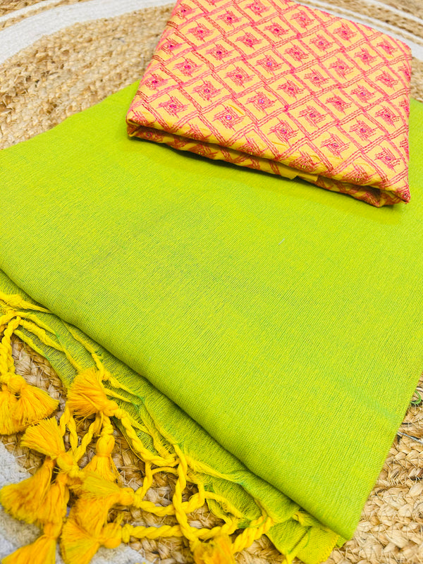 Pistta colour traditional looking Chanderi cotton saree