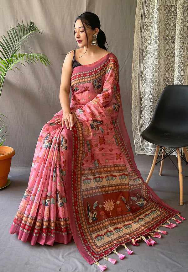 Sycron Pure Malal Cottan Printed Saree with Big Bordar