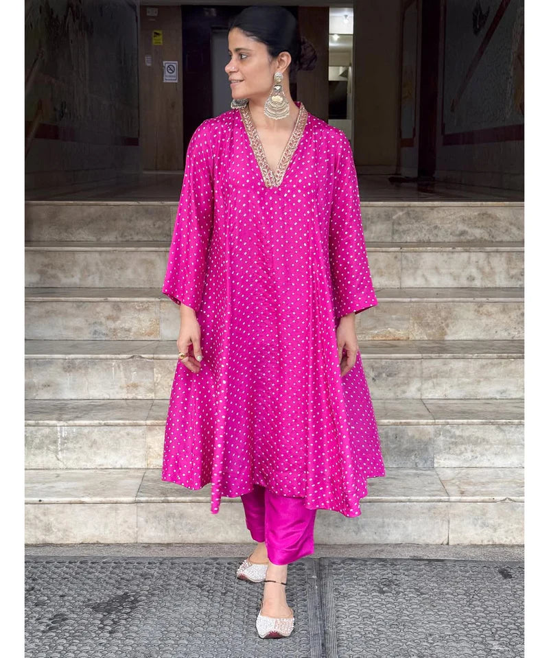 Handmade & Handembroidered Bandhini Silk Kurta set