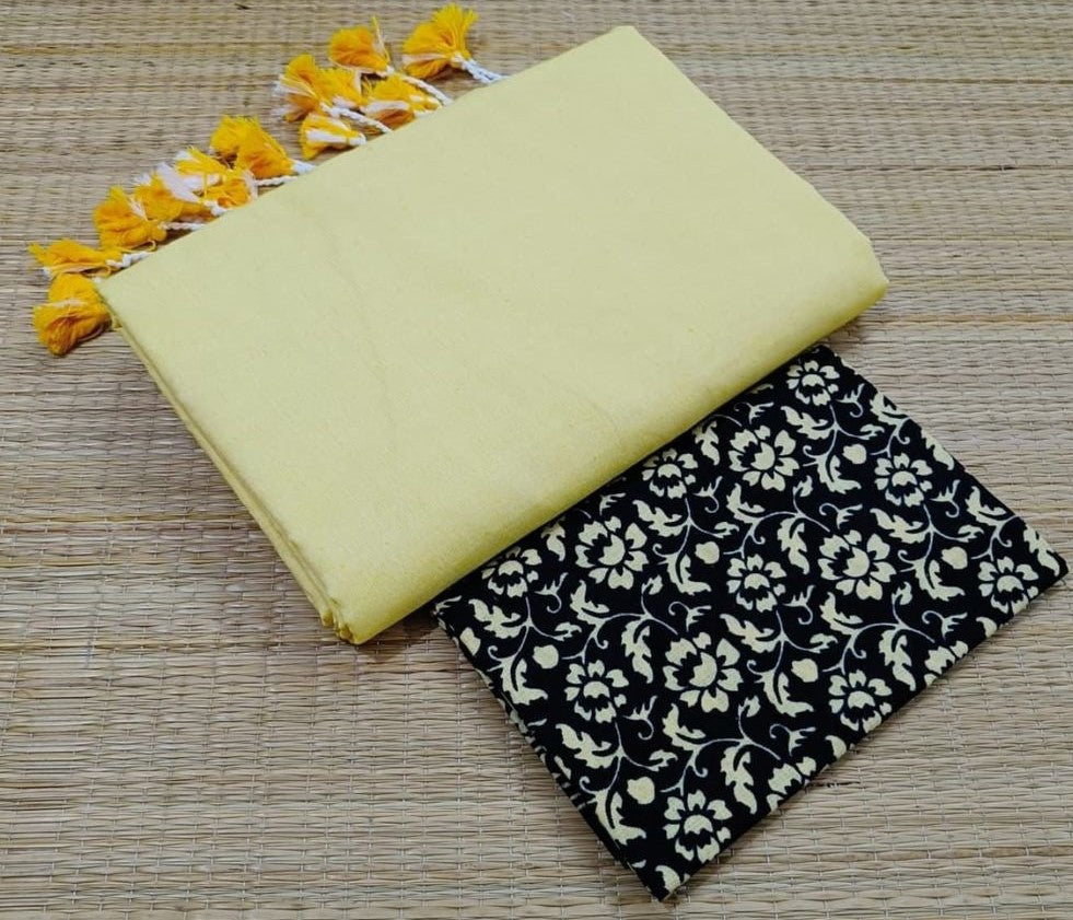 Light Yellow traditional looking chanderi cotton saree