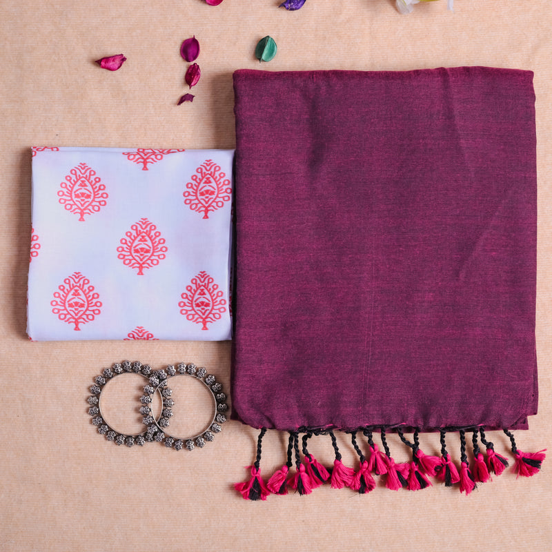 WINE HANDLOOM COTTON SAREE WITH PRINTED BLOUSE