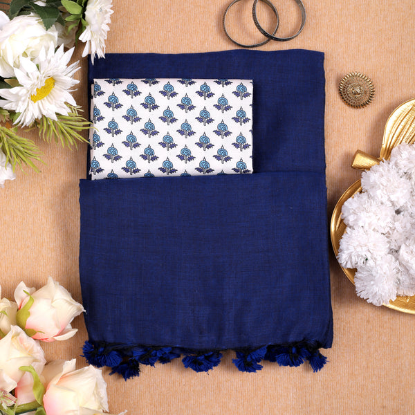 BLUE HANDLOOM COTTON SAREE WITH PRINTED BLOUSE