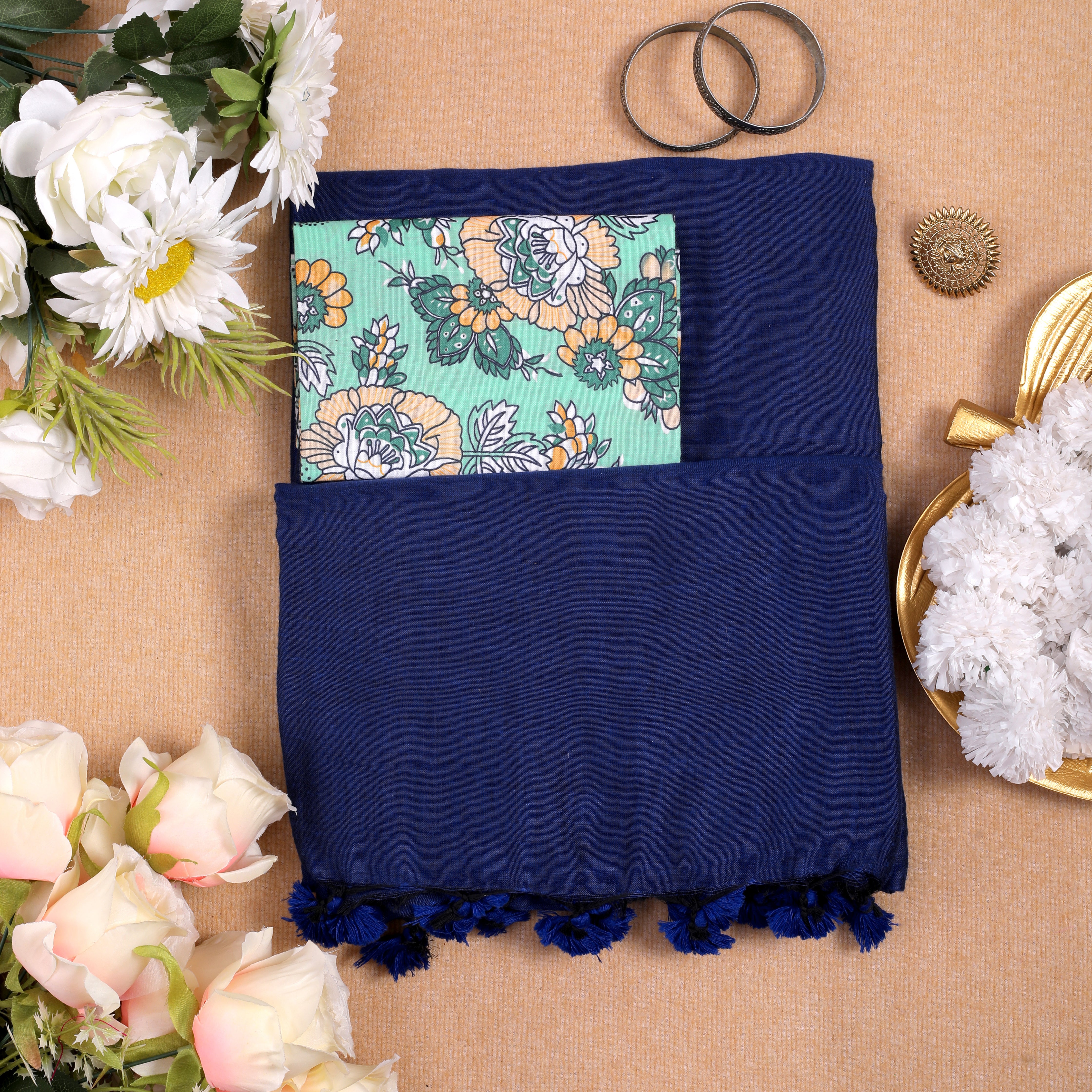 BLUE HANDLOOM COTTON SAREE WITH PRINTED BLOUSE