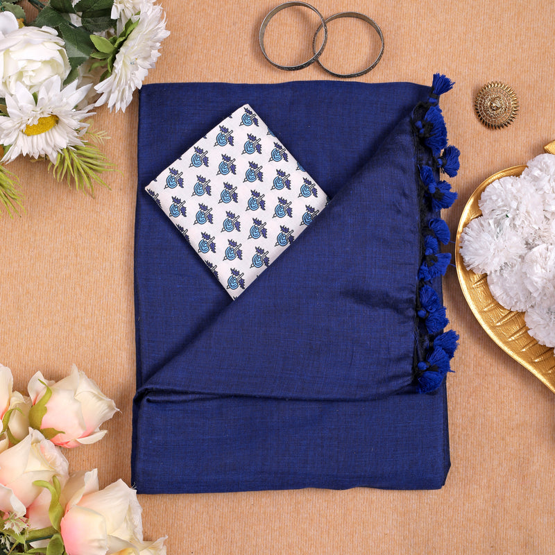 BLUE HANDLOOM COTTON SAREE WITH PRINTED BLOUSE