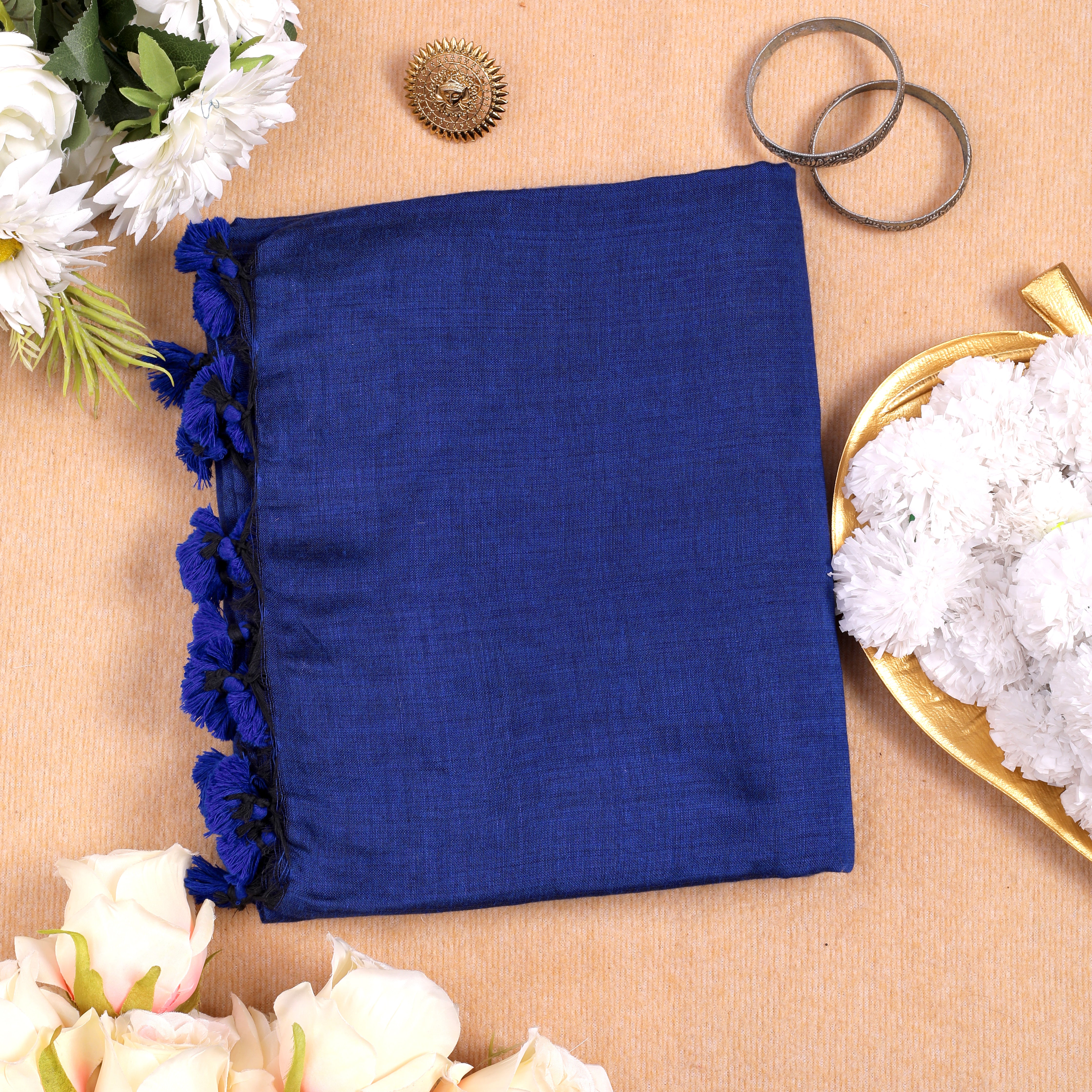 BLUE HANDLOOM COTTON SAREE WITH PRINTED BLOUSE