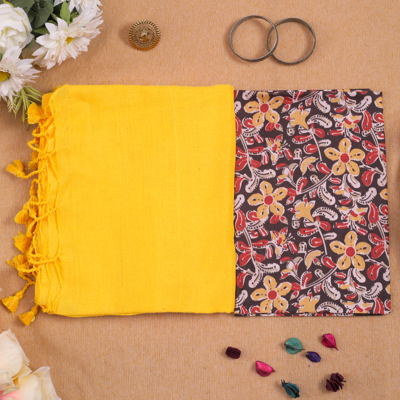 YELLOW HANDLOOM COTTON SAREE WITH PRINTED BLOUSE