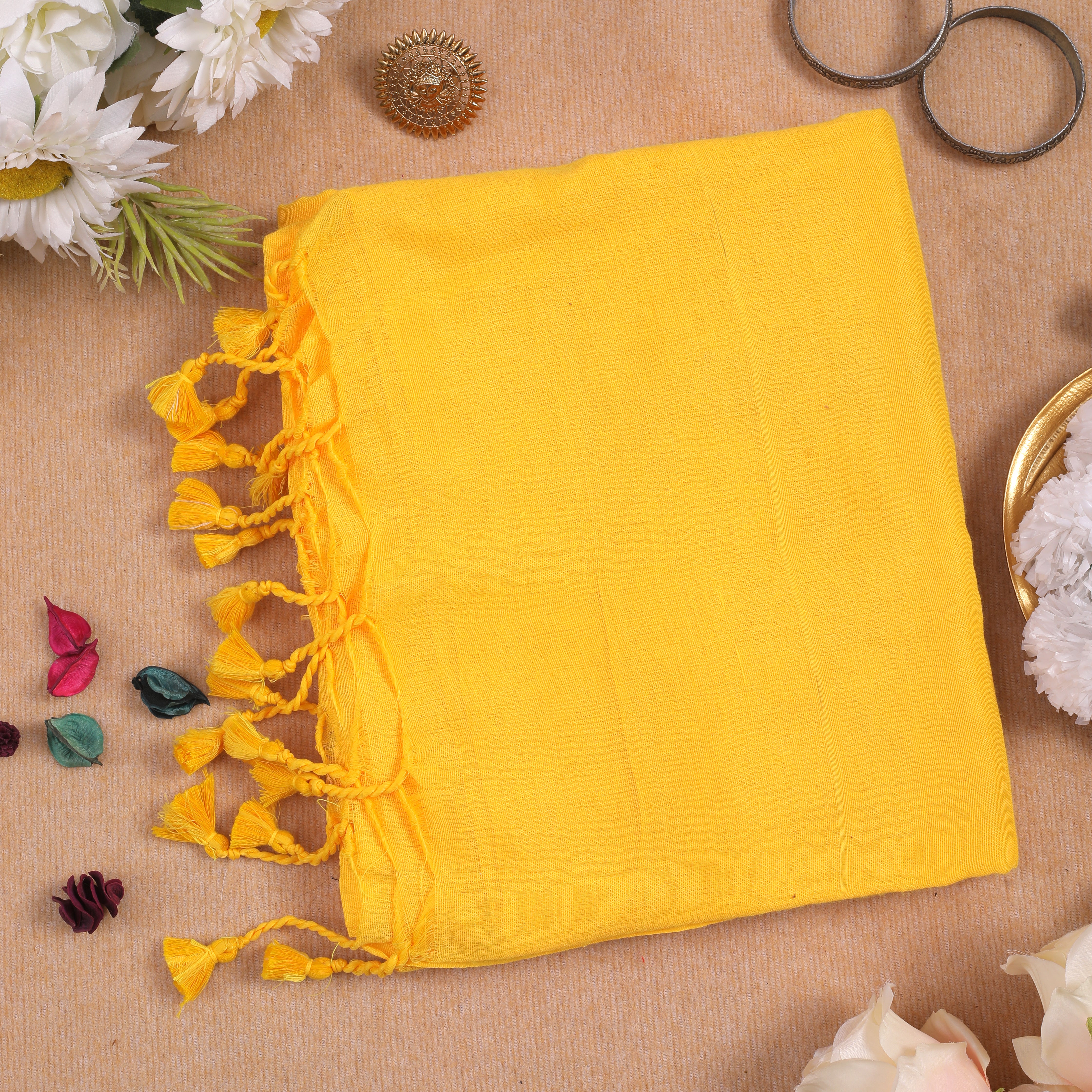 YELLOW HANDLOOM COTTON SAREE WITH PRINTED BLOUSE