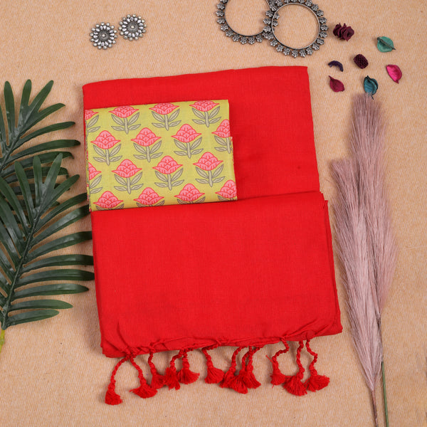 RED HANDLOOM COTTON SAREE WITH PRINTED BLOUSE