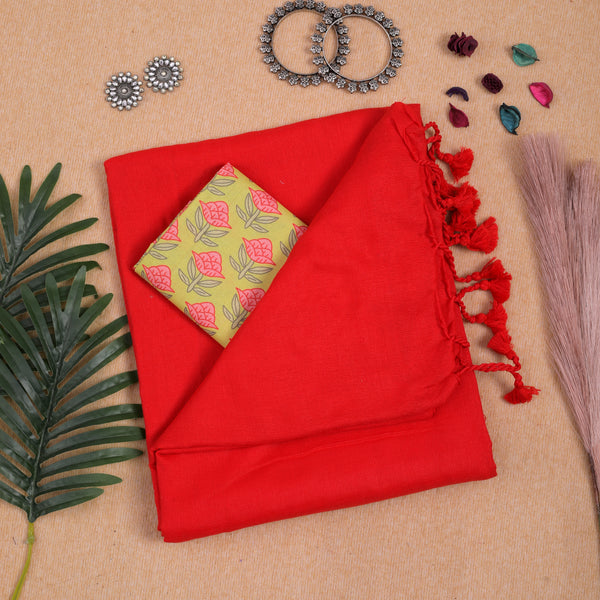 RED HANDLOOM COTTON SAREE WITH PRINTED BLOUSE