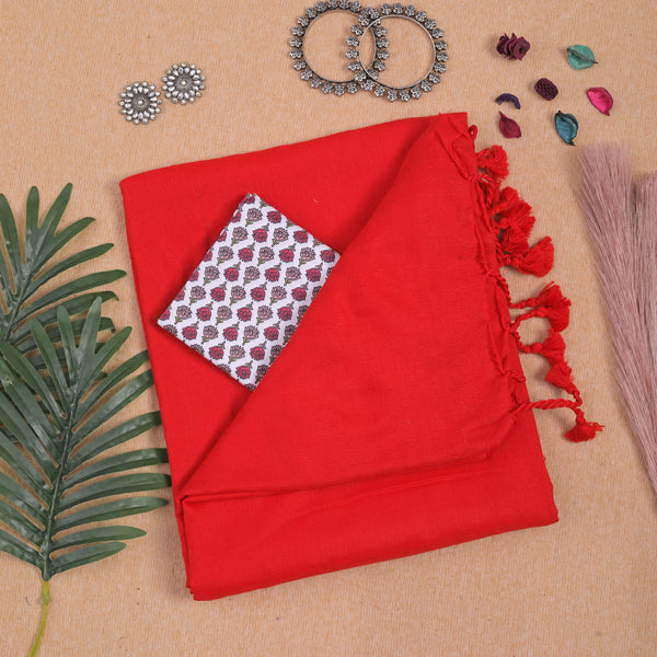 RED HANDLOOM COTTON SAREE WITH PRINTED BLOUSE