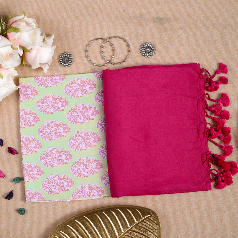 PINK HANDLOOM COTTON SAREE WITH PRINTED BLOUSE