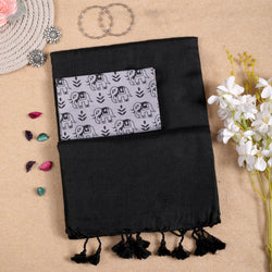 BLACK HANDLOOM COTTON SAREE WITH PRINTED BLOUSE