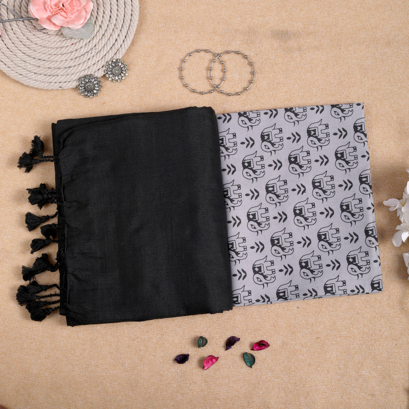 BLACK HANDLOOM COTTON SAREE WITH PRINTED BLOUSE