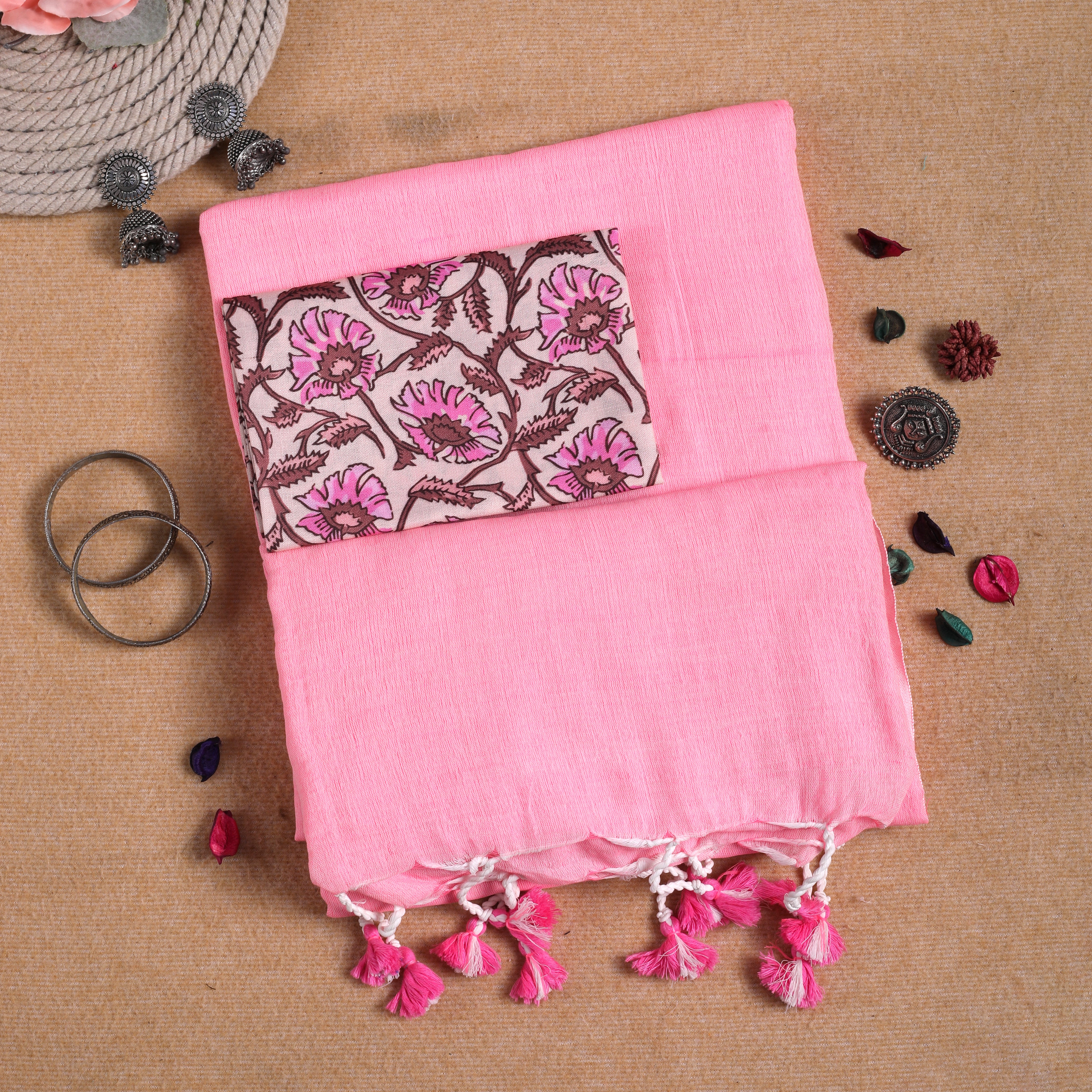 BABYPINK HANDLOOM COTTON SAREE WITH PRINTED BLOUSE